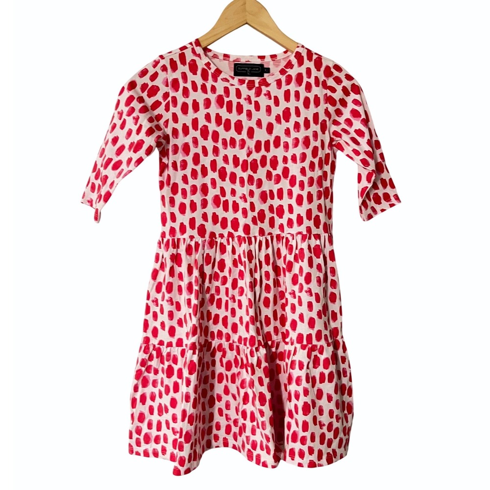 Duffield Lane Girls Red Pink White Brushstroke Dot Tiered Cotton Dress‎ Size 14